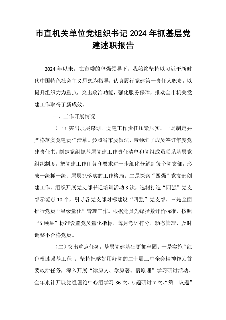 市直机关单位党组织书记2024年抓基层党建述职报告_第1页