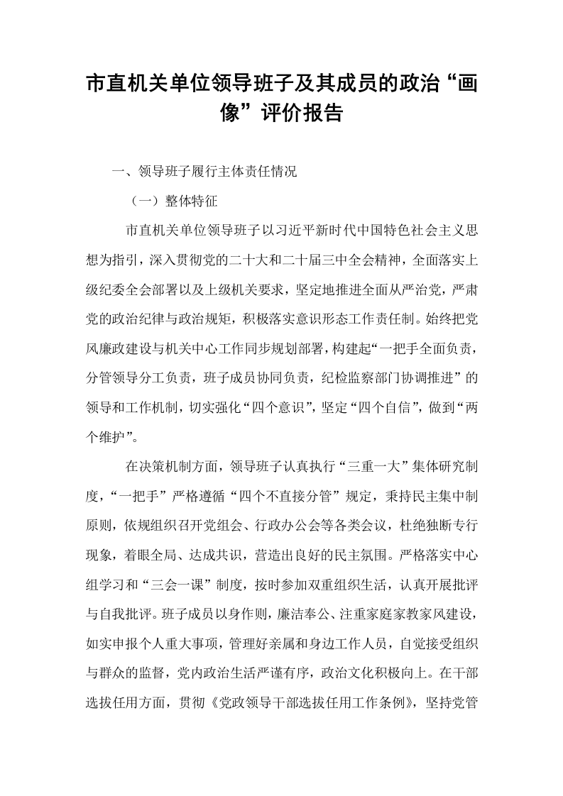 市直机关单位领导班子及其成员的政治“画像”评价报告_第1页