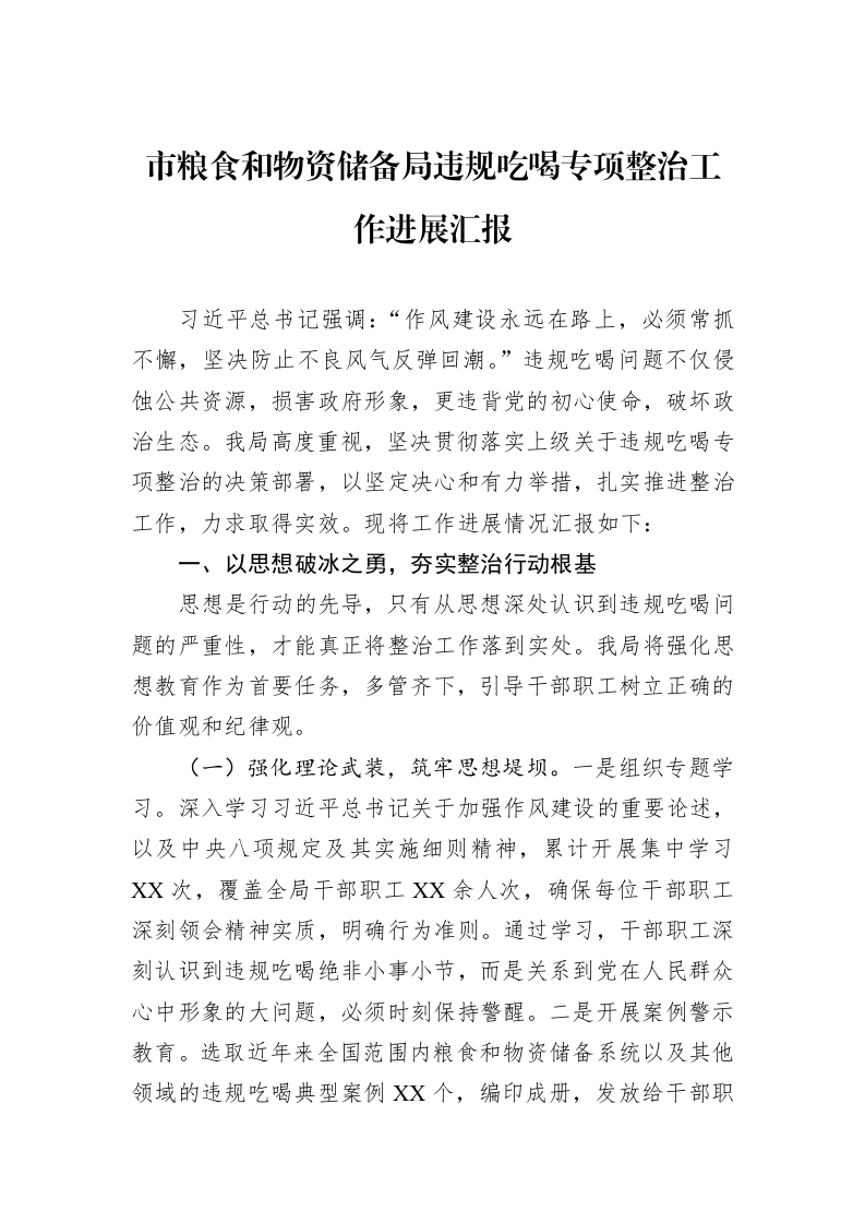 市粮食和物资储备局违规吃喝专项整治工作进展汇报_第1页