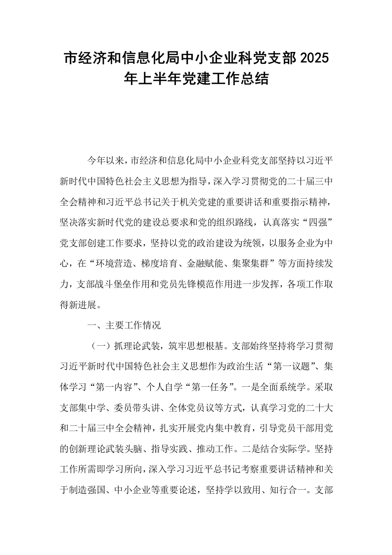 市经济和信息化局中小企业科党支部2025年上半年党建工作总结_第1页