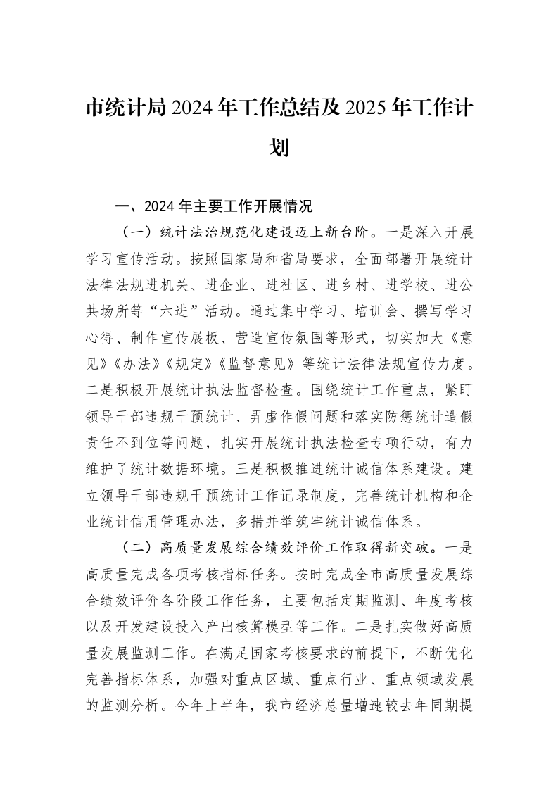 市统计局2024年工作总结及2025年工作计划 (2)_第1页