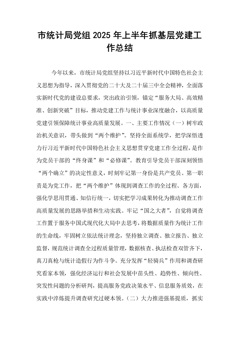 市统计局党组2025年上半年抓基层党建工作总结_第1页
