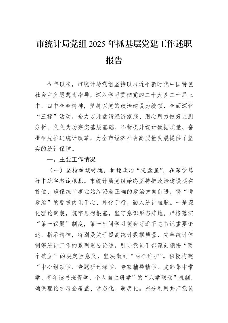 市统计局党组2025年抓基层党建工作述职报告_第1页