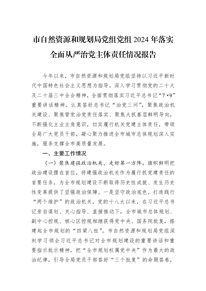 市自然资源和规划局党组党组2024年落实全面从严治党主体责任情况报告_第1页