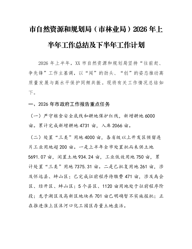 市自然资源和规划局（市林业局）2026年上半年工作总结及下半年工作计划_第1页