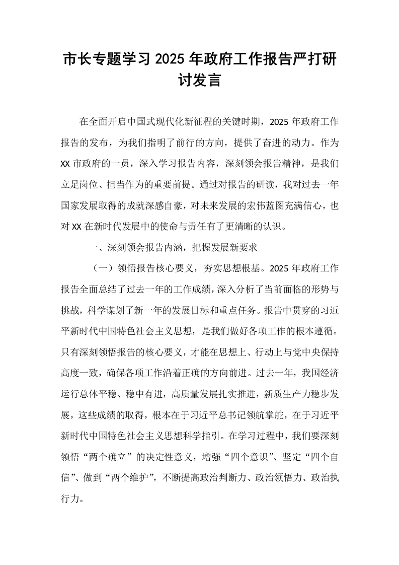 市长专题学习2025年政府工作报告严打研讨发言_第1页