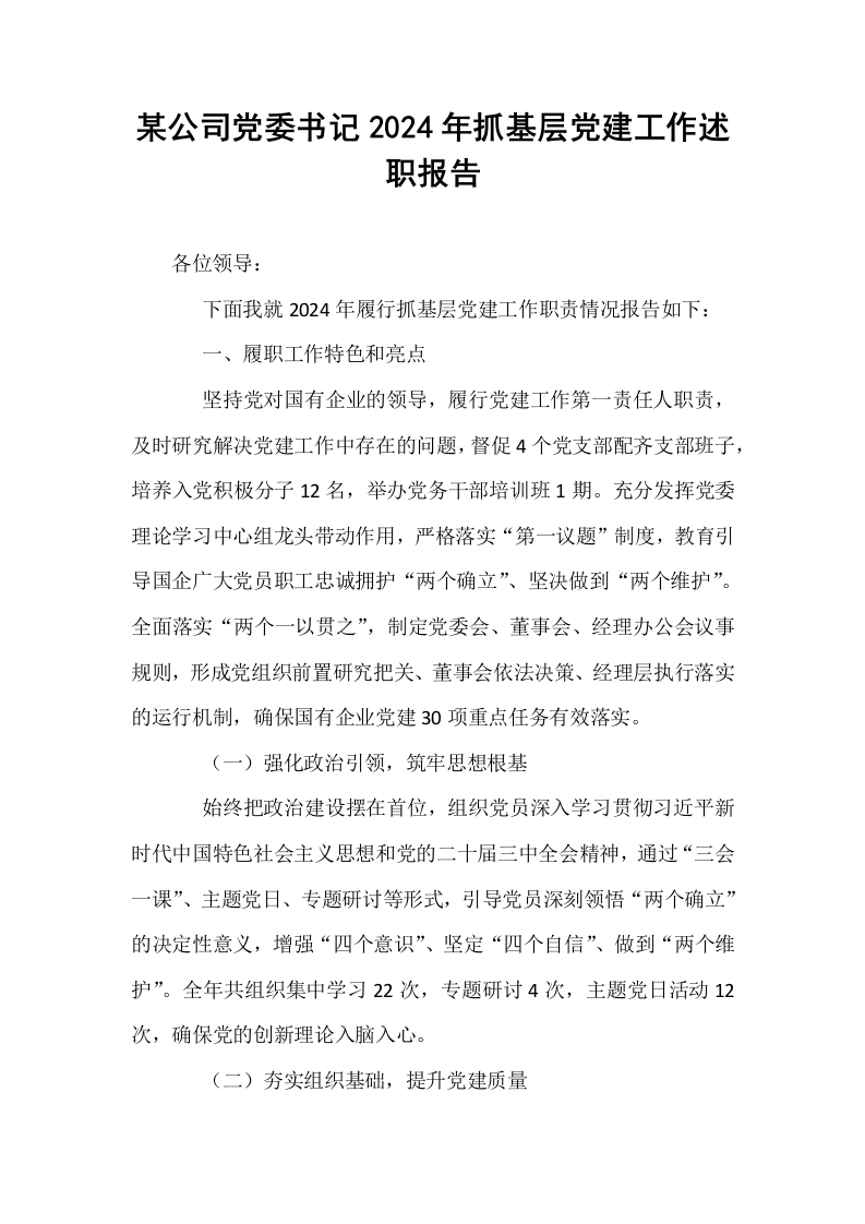 某公司党委书记2024年抓基层党建工作述职报告_第1页