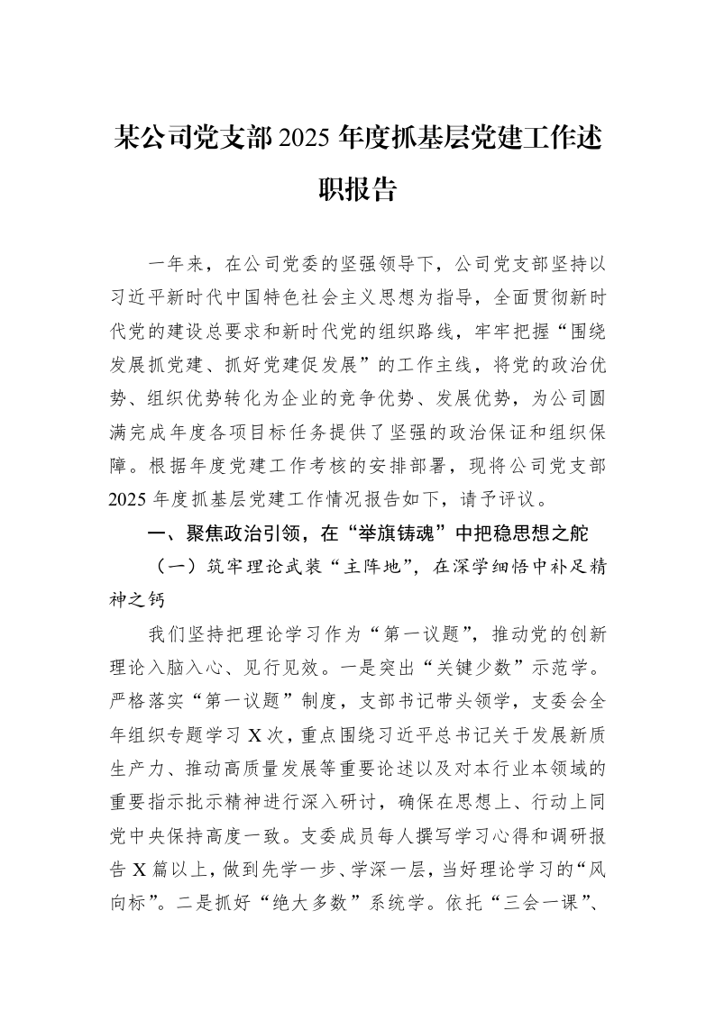 某公司党支部2025年度抓基层党建工作述职报告_第1页