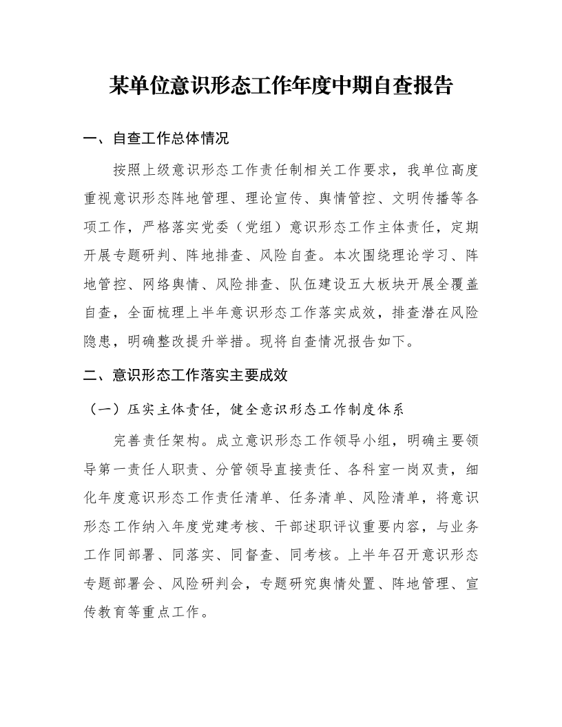 某单位意识形态工作年度中期自查报告_第1页
