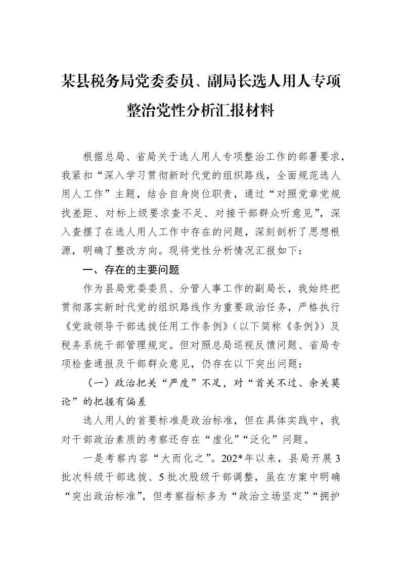 某县税务局党委委员、副局长选人用人专项整治党性分析汇报材料_第1页