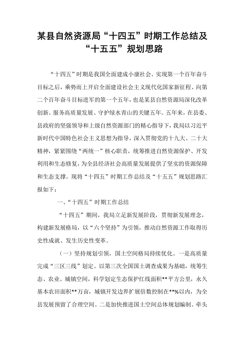 某县自然资源局“十四五”时期工作总结及“十五五”规划思路_第1页
