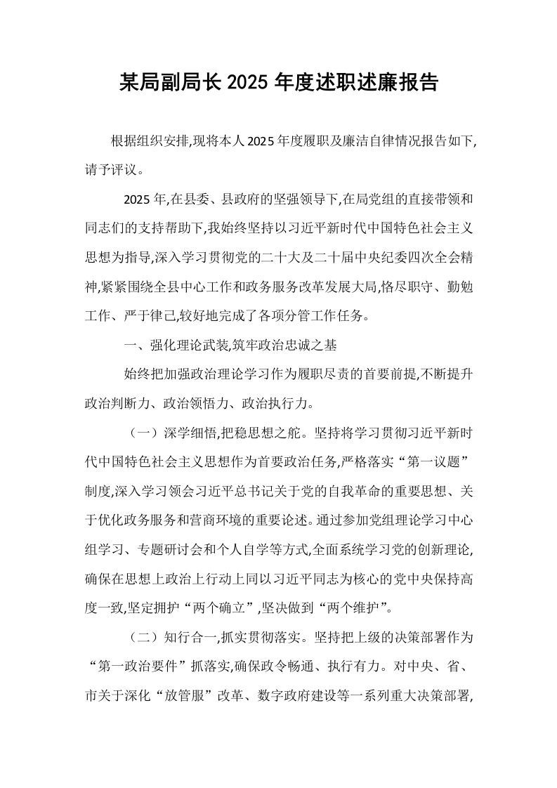某局副局长2025年度述职述廉报告_第1页