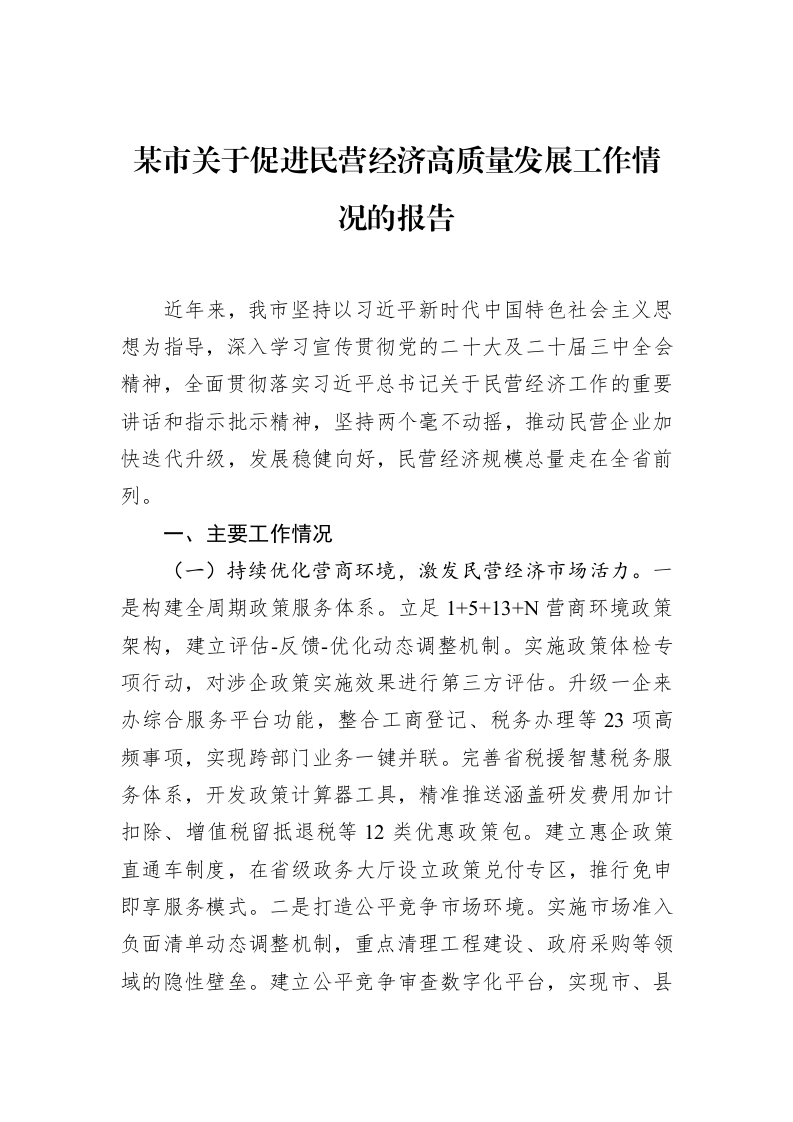 某市关于促进民营经济高质量发展工作情况的报告_第1页
