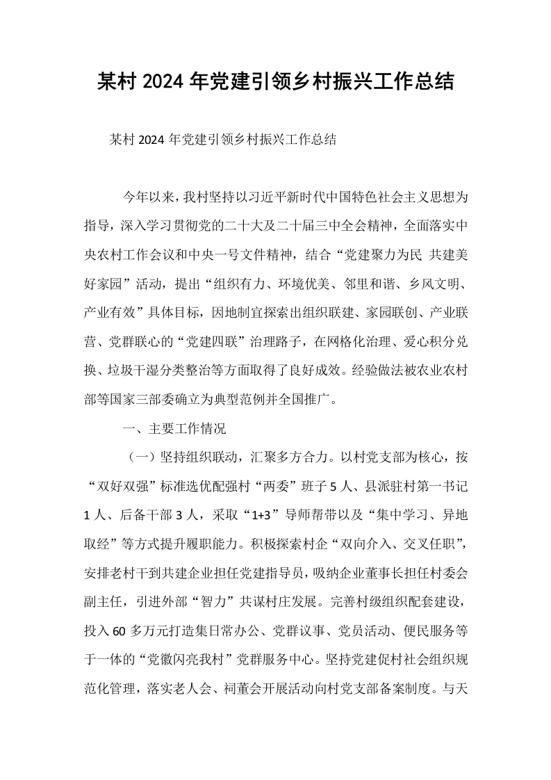 某村2024年党建引领乡村振兴工作总结._第1页