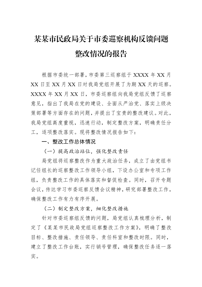 某某市民政局关于市委巡察机构反馈问题整改情况的报告_第1页