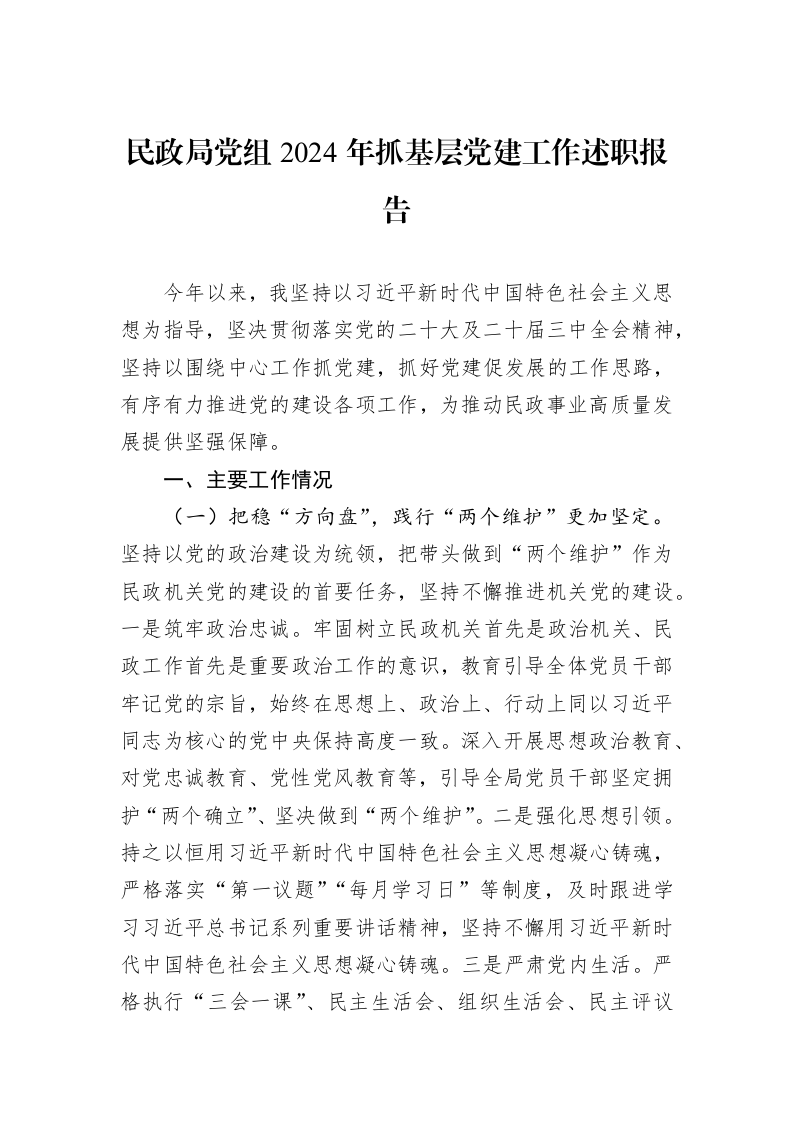 民政局党组2024年抓基层党建工作述职报告（1-3）_第1页