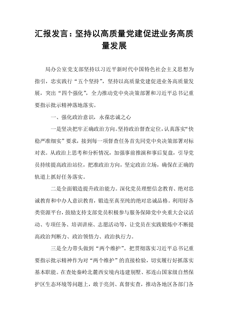 汇报发言：坚持以高质量党建促进业务高质量发展_第1页