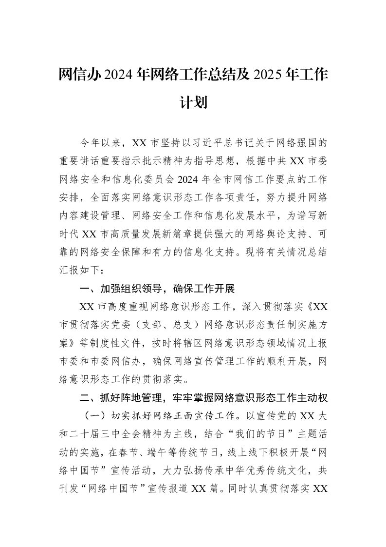 网信办2024年网络工作总结及2025年工作计划_第1页