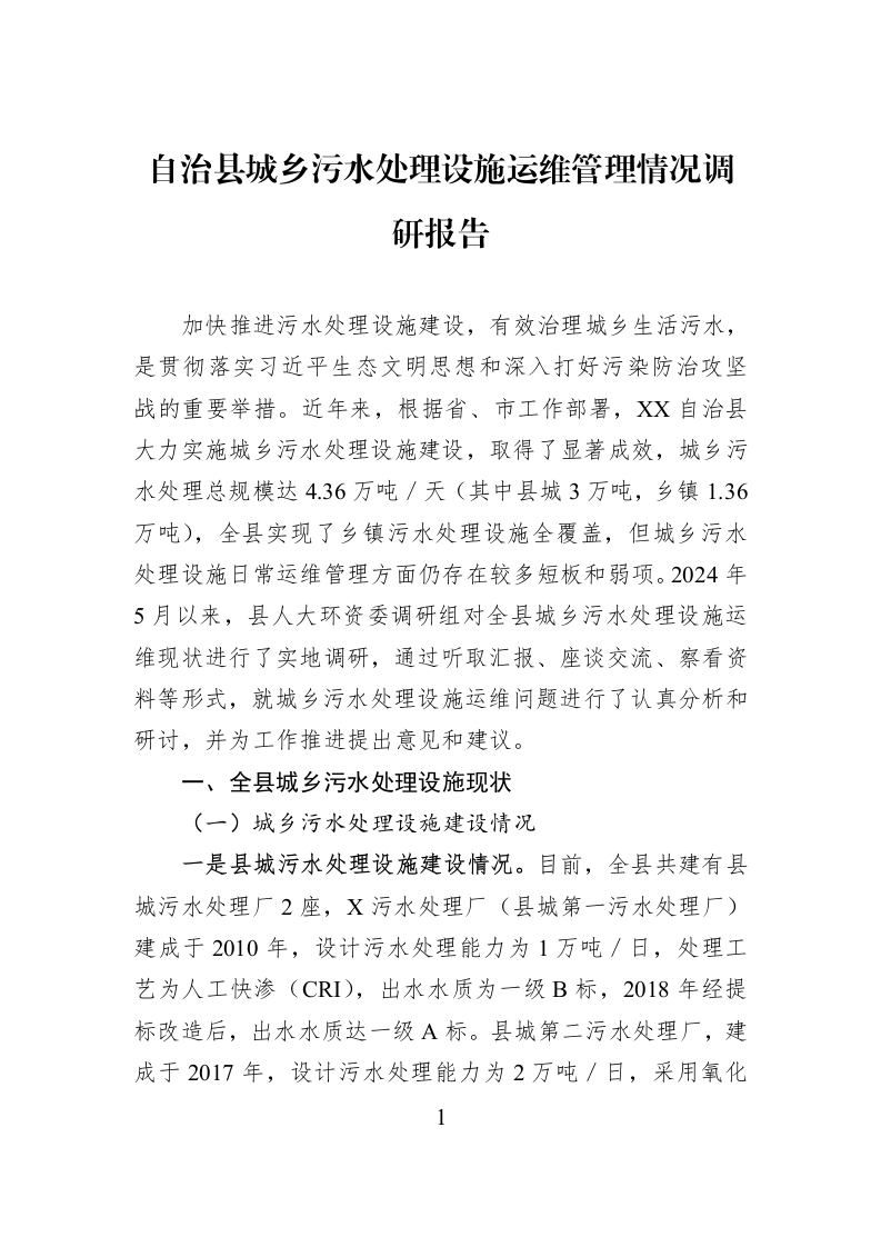 自治县城乡污水处理设施运维管理情况调研报告_第1页