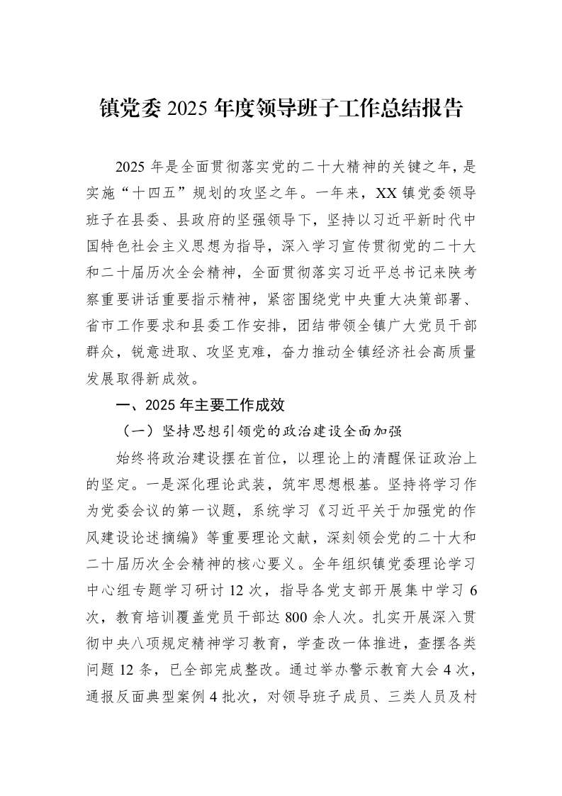 镇党委2025年度领导班子工作总结报告_第1页