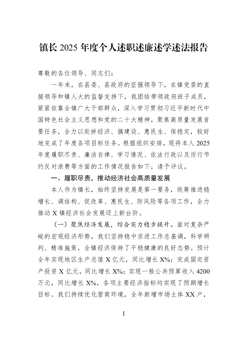 镇长2025年度个人述职述廉述学述法报告_第1页