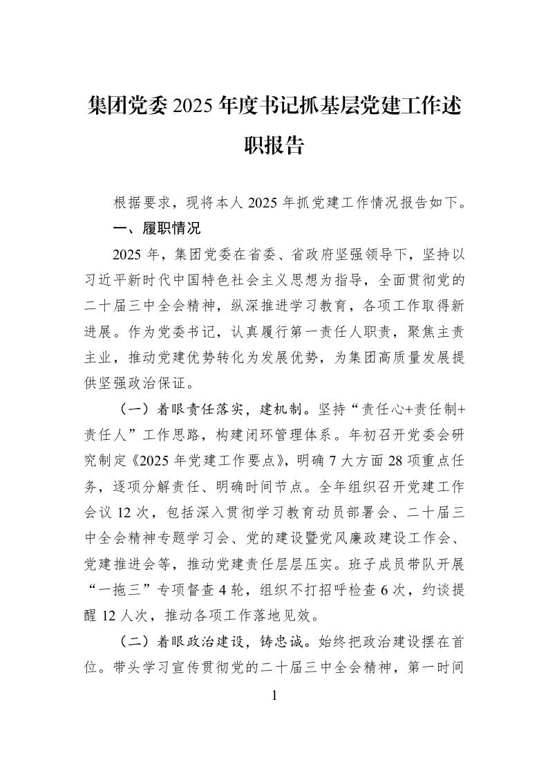 集团党委2025年度书记抓基层党建工作述职报告_第1页