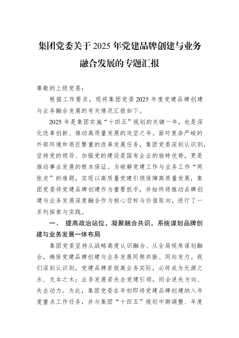集团党委关于2025年党建品牌创建与业务融合发展的专题汇报_第1页