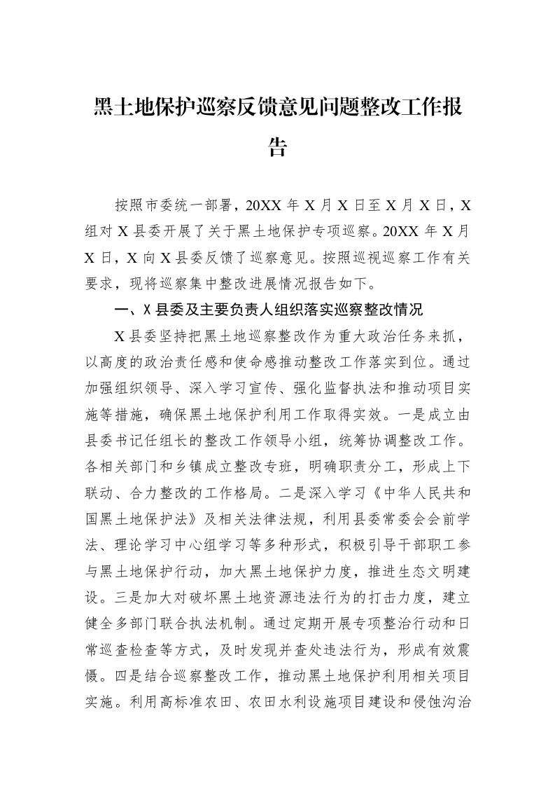 黑土地保护巡察反馈意见问题整改工作报告_第1页