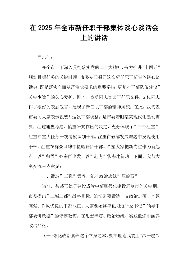 在2025年全市新任职干部集体谈心谈话会上的讲话_第1页