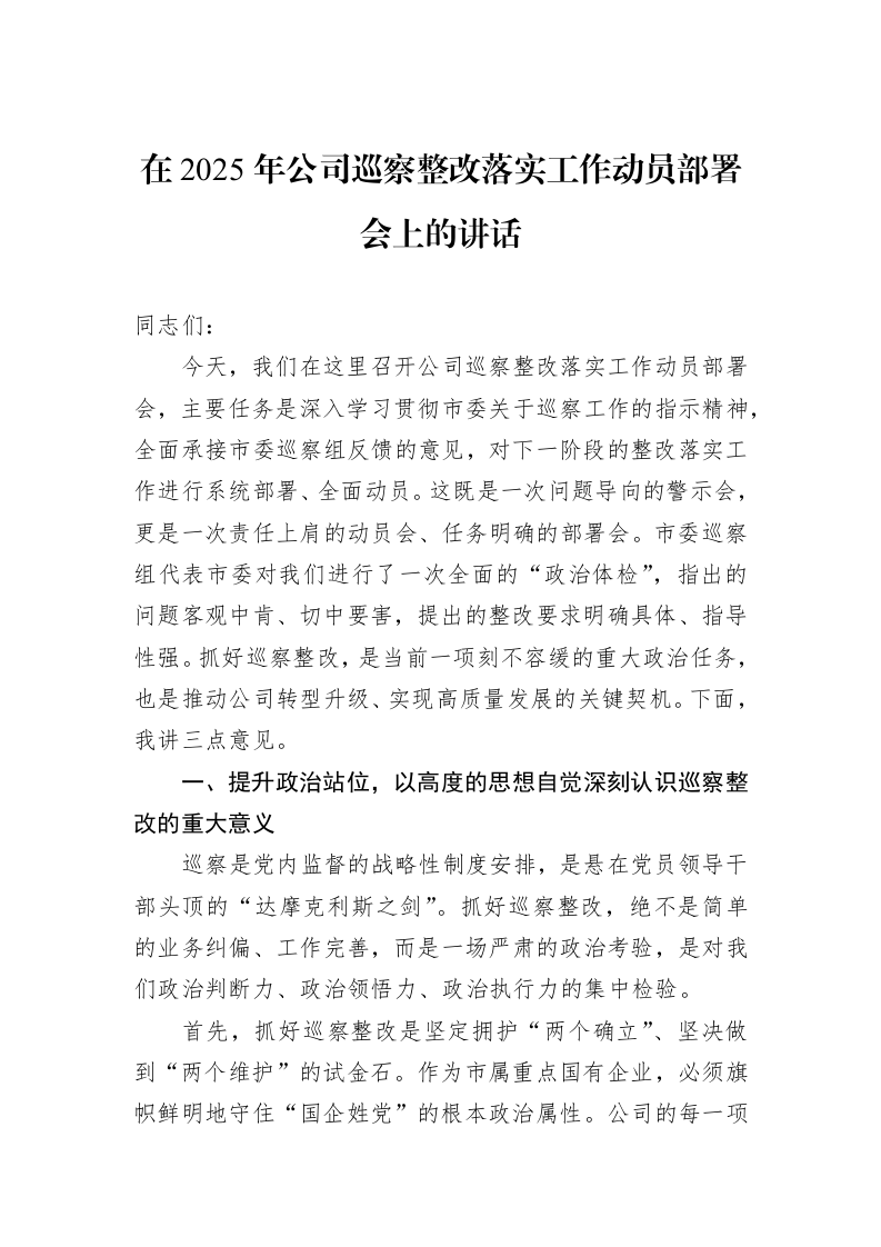 在2025年公司巡察整改落实工作动员部署会上的讲话_第1页