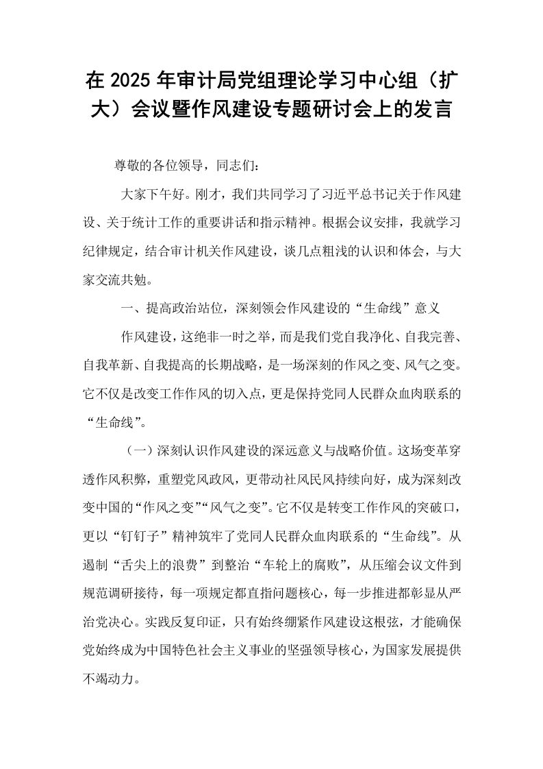 在2025年审计局党组理论学习中心组（扩大）会议暨作风建设专题研讨会上的发言_第1页