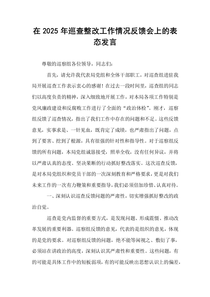 在2025年巡查整改工作情况反馈会上的表态发言_第1页