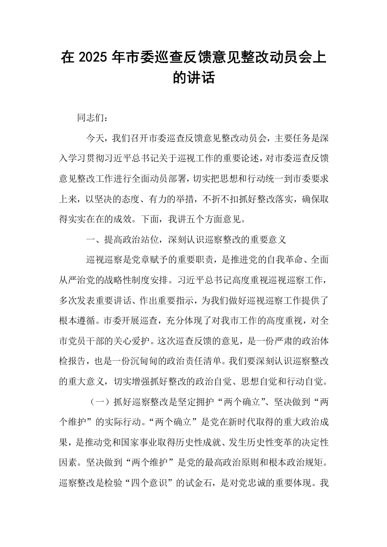 在2025年市委巡查反馈意见整改动员会上的讲话_第1页