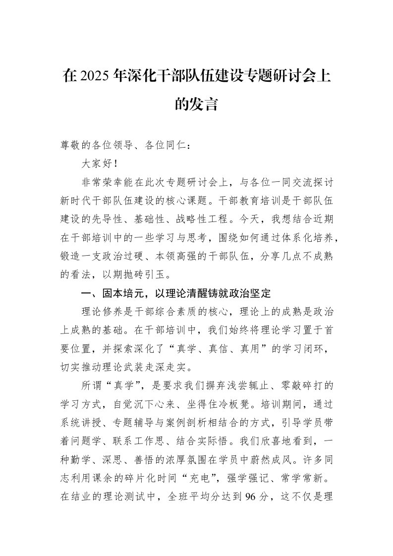在2025年深化干部队伍建设专题研讨会上的发言_第1页