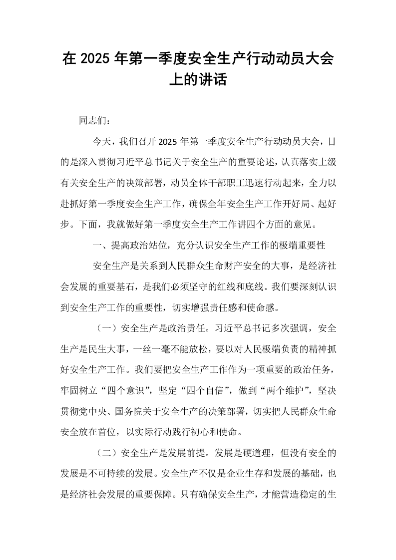 在2025年第一季度安全生产行动动员大会上的讲话 (1)_第1页