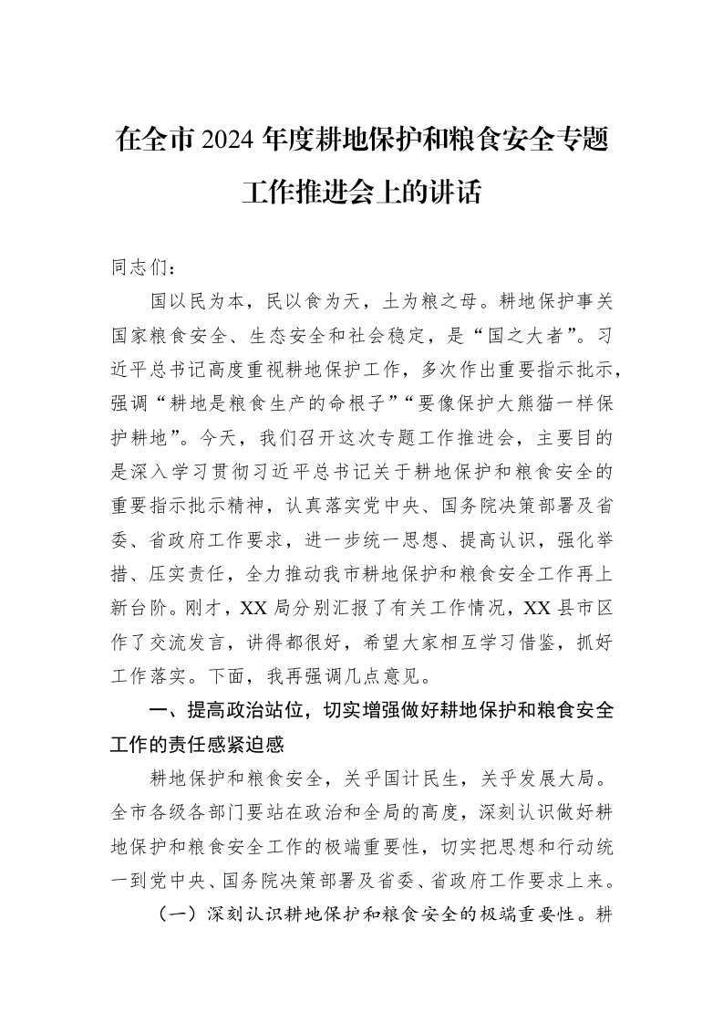 在全市2024年度耕地保护和粮食安全专题工作推进会上的讲话_第1页