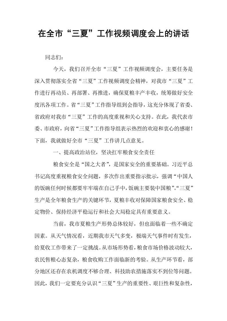 在全市“三夏”工作视频调度会上的讲话_第1页