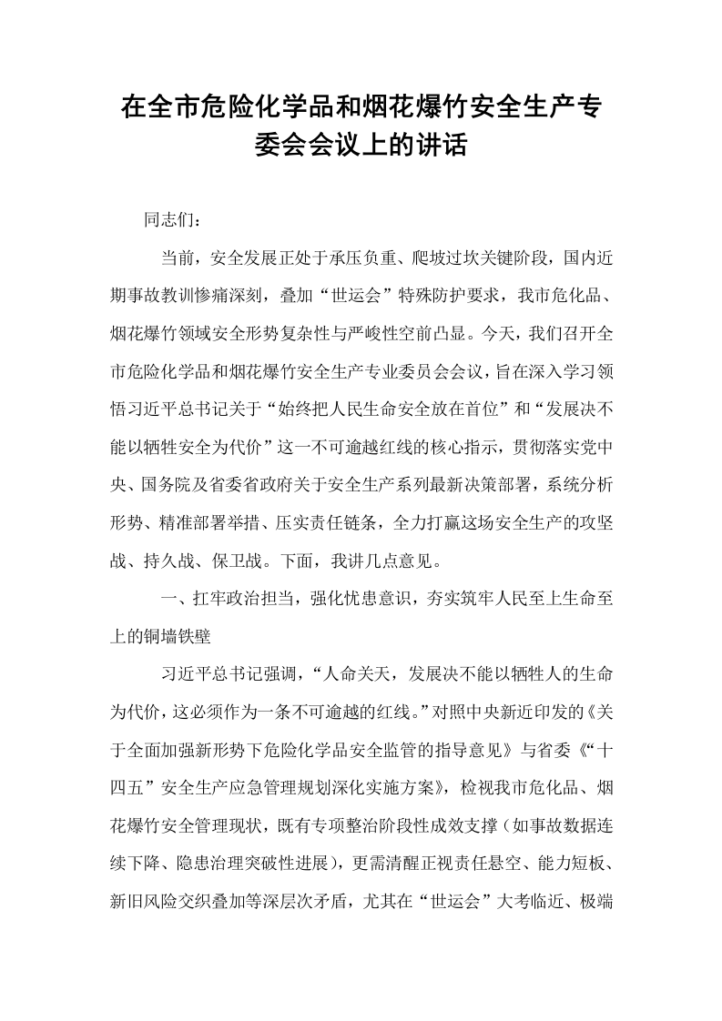 在全市危险化学品和烟花爆竹安全生产专委会会议上的讲话_第1页