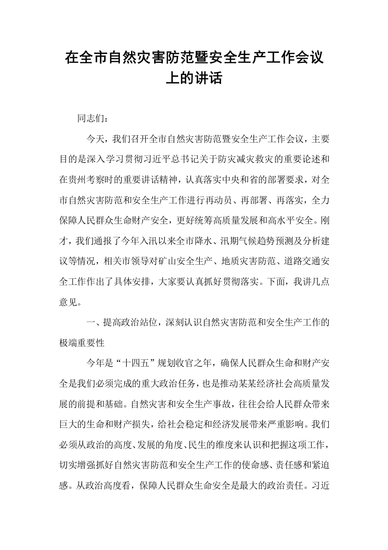 在全市自然灾害防范暨安全生产工作会议上的讲话_第1页