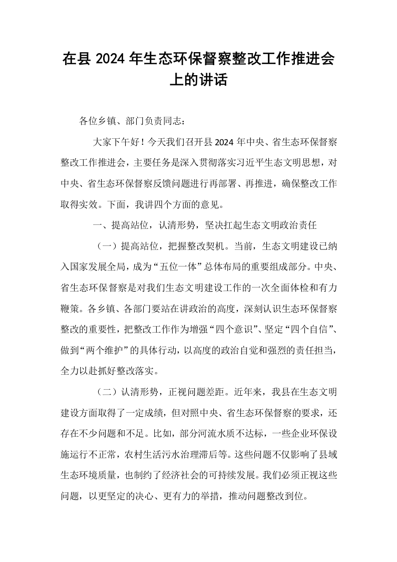 在县2024年生态环保督察整改工作推进会上的讲话_第1页