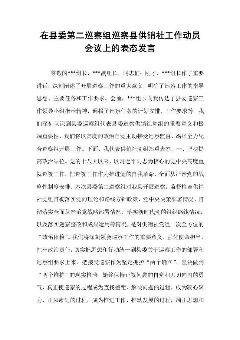 在县委第二巡察组巡察县供销社工作动员会议上的表态发言_第1页