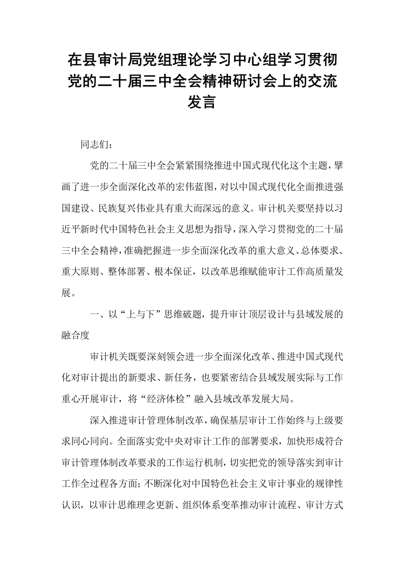 在县审计局党组理论学习中心组学习贯彻党的二十届三中全会精神研讨会上的交流发言_第1页