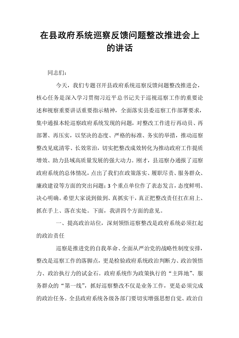 在县政府系统巡察反馈问题整改推进会上的讲话_第1页