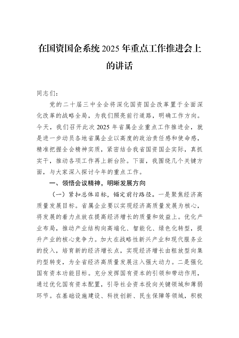 在国资国企系统2025年重点工作推进会上的讲话_第1页