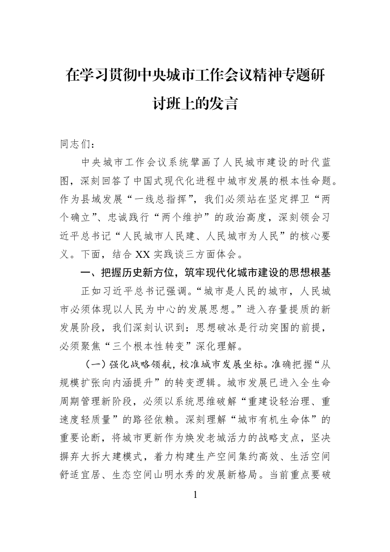 在学习贯彻中央城市工作会议精神专题研讨班上的发言_第1页