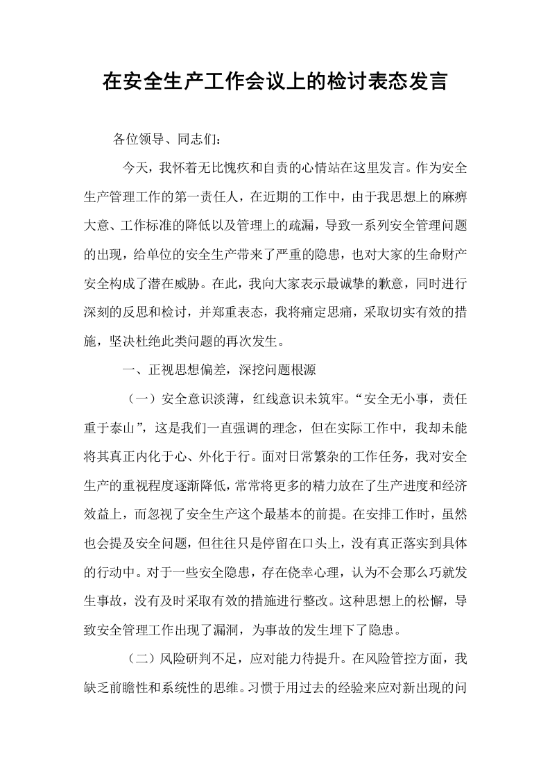 在安全生产工作会议上的检讨表态发言_第1页