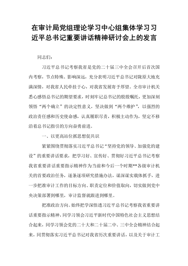 在审计局党组理论学习中心组集体学习习近平总书记重要讲话精神研讨会上的发言._第1页