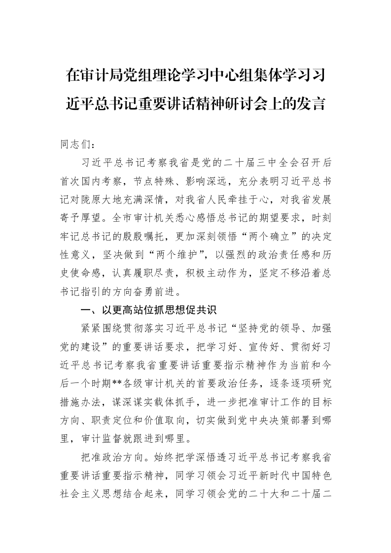 在审计局党组理论学习中心组集体学习习近平总书记重要讲话精神研讨会上的发言_第1页
