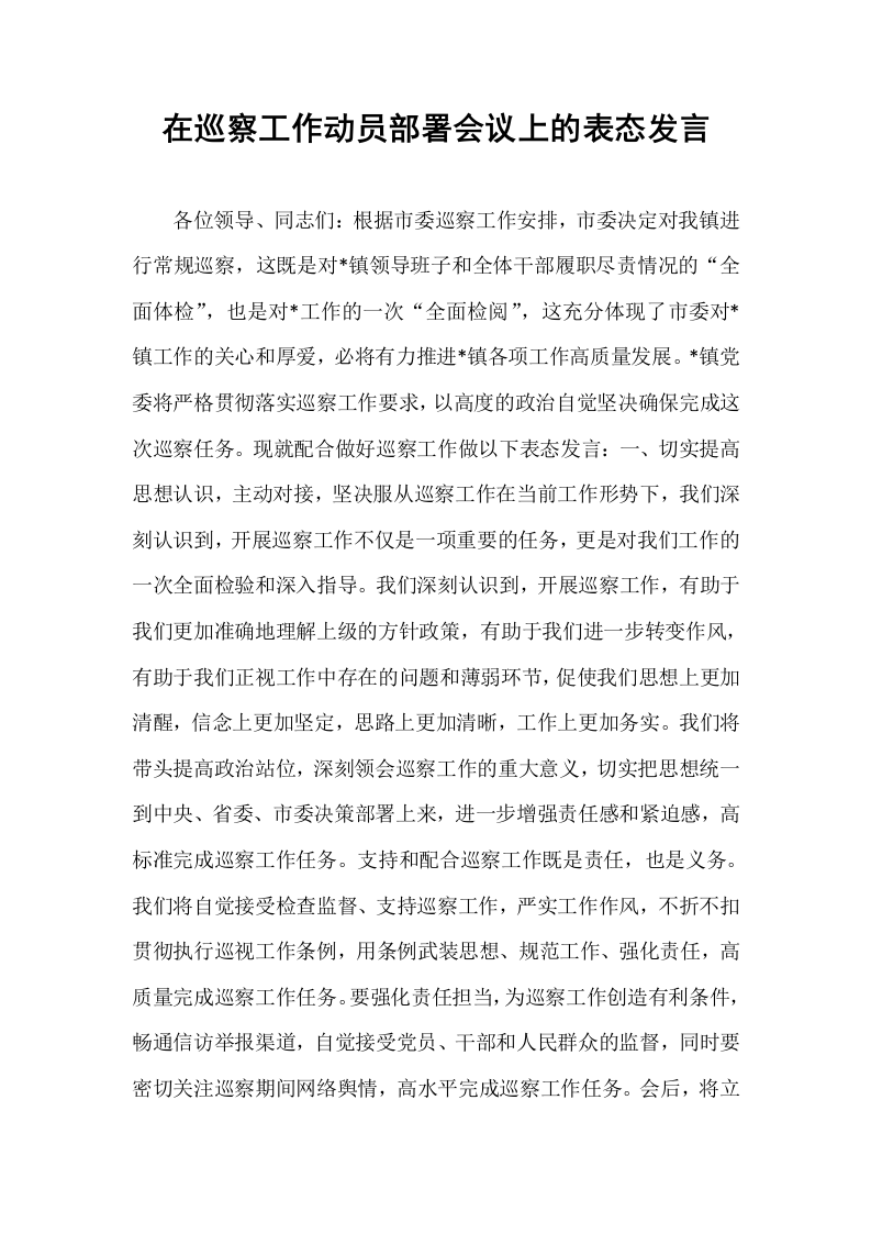 在巡察工作动员部署会议上的表态发言_第1页