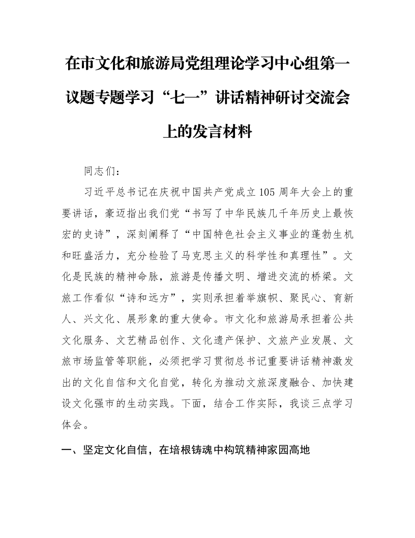 在市文化和旅游局党组理论学习中心组第一议题专题学习“七一”讲话精神研讨交流会上的发言材料_第1页